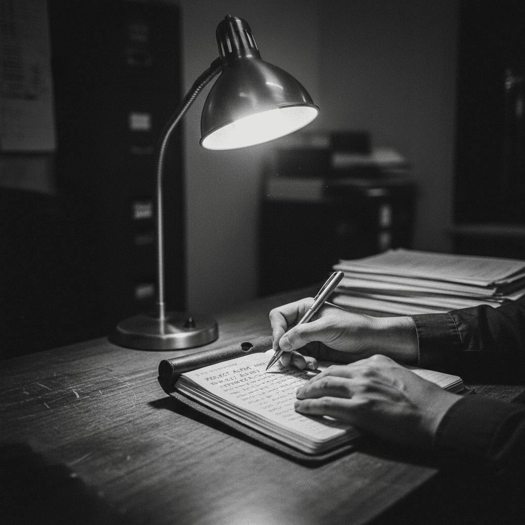 Consultant's hands over a notebook on a wooden desk