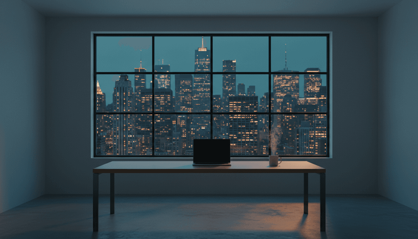 Minimalist New York office with city skyline through window