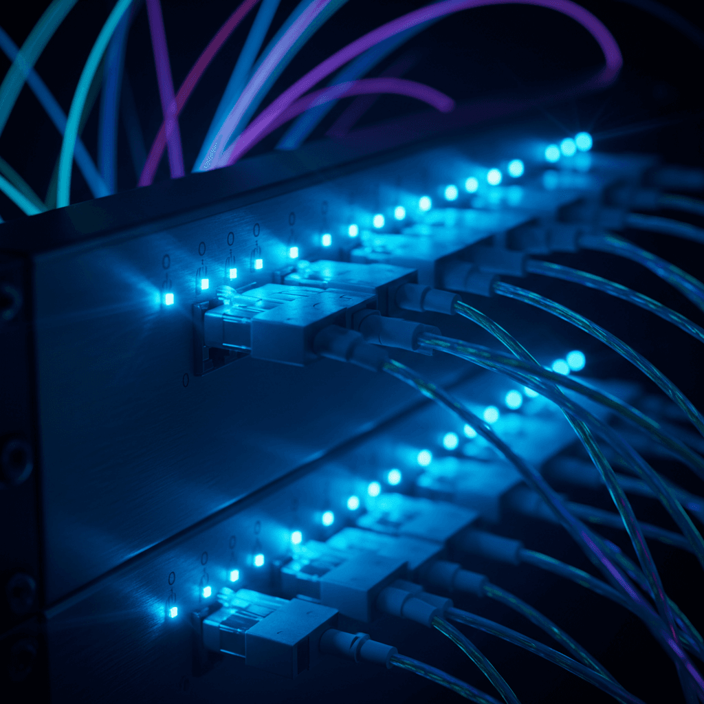 Glowing network switch with fiber optic cables